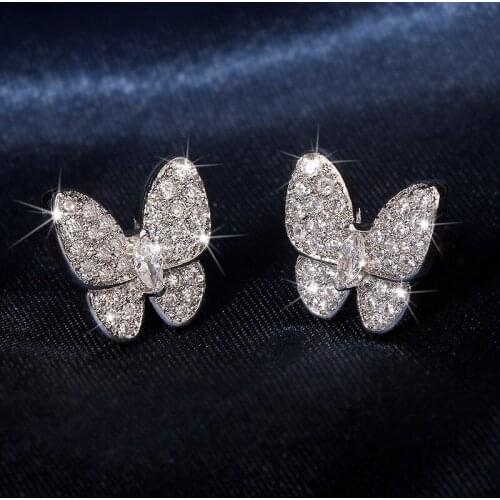 Women Earrings Silver Color Inlaid Zircon Butterfly Earrings Fashion Simple Banquet Wedding Earrings Gift For Girlfriend