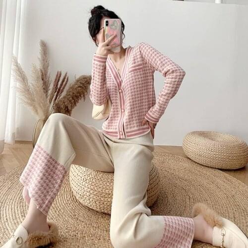 Autumn Houndstooth Knitted Womens Tracksuit Patchwork V-neck Long Sleeve Sweater Cardigan + Wide Legs Pants 2 Pcs Set Korean