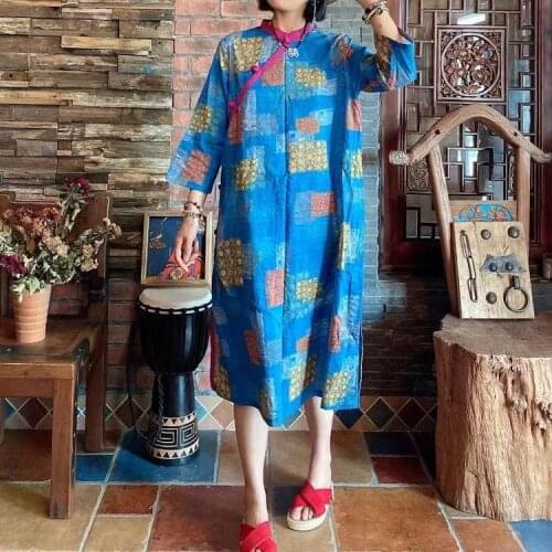 Johnature Women Vintage Print Floral Dresses Stand Seven Sleeve Chinese Style Button Robes 2021 Autumn New A-Line Dresses