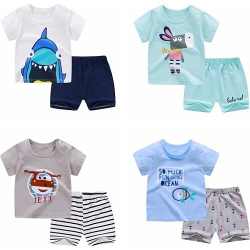 100% Cotton Summer Baby Children Soft Shorts Suit T-shirt Todder Boy Girl Kids Cartoon Shark Cute Clothes Cheap Stuff For 0-4Y