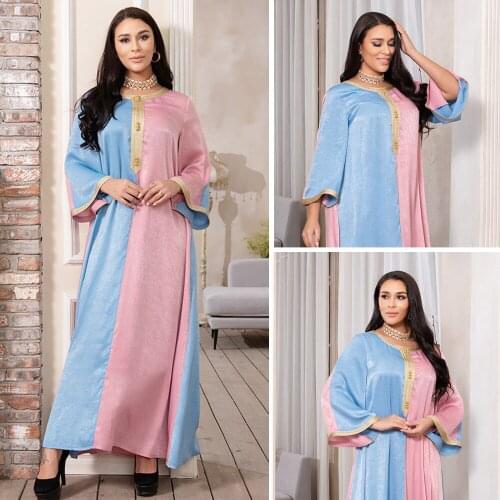 2021 Fashion Women Long Dress Elegant Dubai Kaftan Muslim Abaya Islamic Clothing Arabic Color Block Maxi Robe Gown Middle East