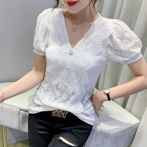 #6084 White Black Lace T Shirt Women V Neck Buttons Sexy Womens Tee Shirts Slim Summer Tops Female Thin Hollow Out T-shirt Femme