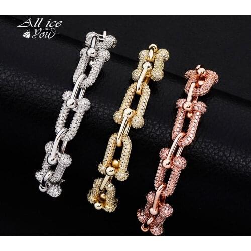 ALLICEONYOU 12mm Personalised Bracelet High Quality Cubic Zirconia Copper Chain Lobster-claw-clasps Hip Hop Jewelry For Gift