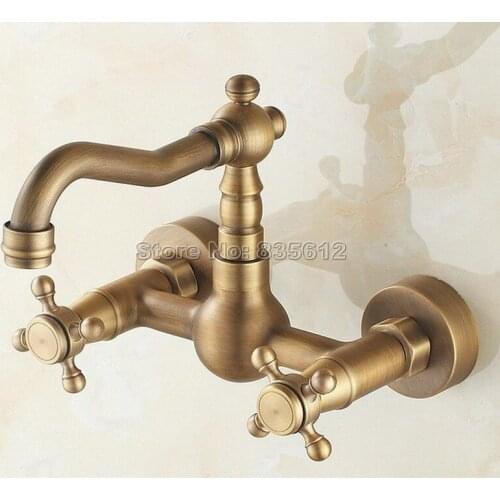 Antique Brass Swivel Spout Kitchen Sink Faucet / Wall Mounted Dual Cross Handles Bathroom Basin Mixer Taps Wtf003