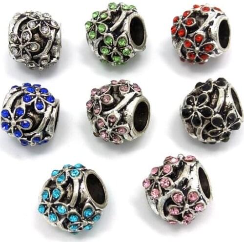 Free Shipping 50pcs six flower rhinestone beads big hole alloy charms fit European bracelet DIY