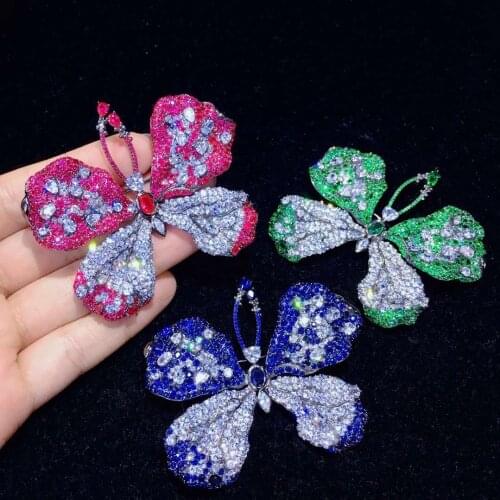 Large butterfly brooch pins blue green rose red color 925 sterling silver with cubic zircon high quality 51*67MM fine jewelry