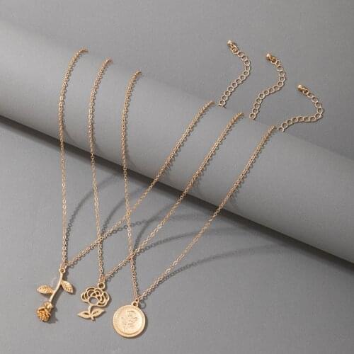 HuaTang 2021 Trendy Rose Flower Pendant Necklace for Women Multilayer Gold Color Heart Letter Clavicle Chain Anniversary Gift