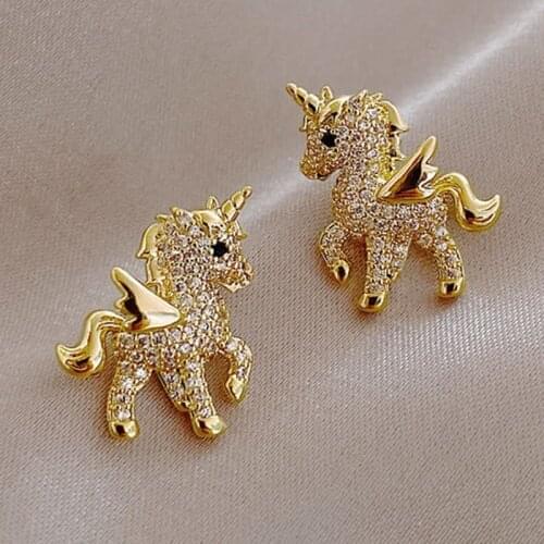 Cute Unicorn Stud Earrings for Women Fairy Animal Gold Color Cubic Zirconia Earrings Girls Birthday Party Gift Jewelry