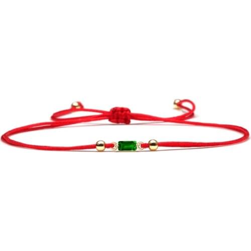 Mini Green Stone CZ Copper Charm Red String Handmade Bracelet Women Girl Small Exquisite Shiny Rectangle Cubic Zirconia Jewelry