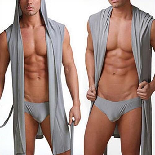 Men Summer Dress Bath Robe Sexy Pajamas Sleepwear Hombre Sleeveless Hooded Casual Kimono Bathrobe Nightgown Robe Solid Color
