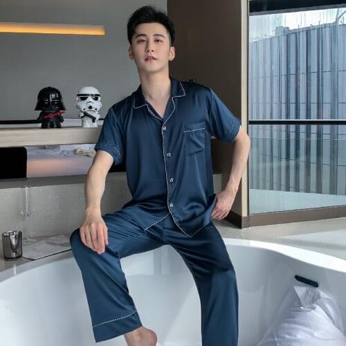 Men Short Sleeve Pajamas Set Navy Blue Faux Silk Satin Trouser Suits Sleepwear Loose Casual 2 Pcs Shirt&pant Summer Home Clothes