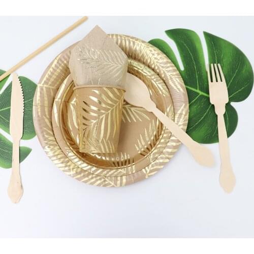 Kraft Paper Disposable Tableware Set Golden Colored Palm Leaf Paper Plate Cup Wedding Birthday Tropical Party Decor Supplies