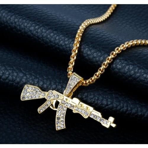 Gold Color AK47 Gun Pendant Necklace Rhinestone Decorate Necklace Hip Hop Jewelry Long Chain Fashion Necklace Gift For Women Men