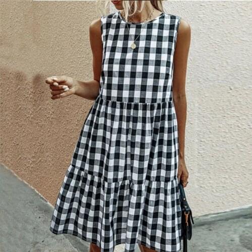 Dress For Women Summer Casual Loose Plaid Print Ruffled Midi Dresses Sleeveless Vintage Elegant Ladies Dress Robe Femme 2021