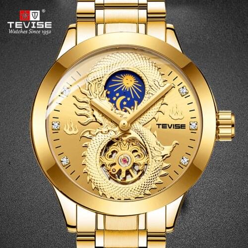 TEVISE 3D Dragon Watch Men Skeleton Mechanical Watch Moon Phase Waterproof Automatic Wristwatch Mens High Quality
