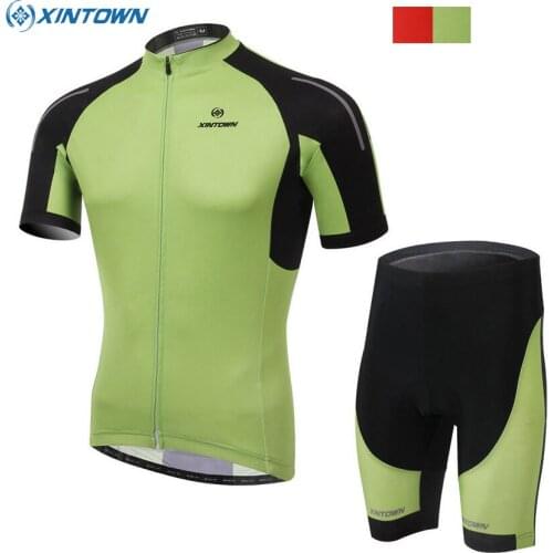 XINTOWN Men Bicycle Sports Clothing Ropa Ciclismo Suit MTB Cycling Bike Short Sleeve Jersey Bib Shorts Set Green/Red