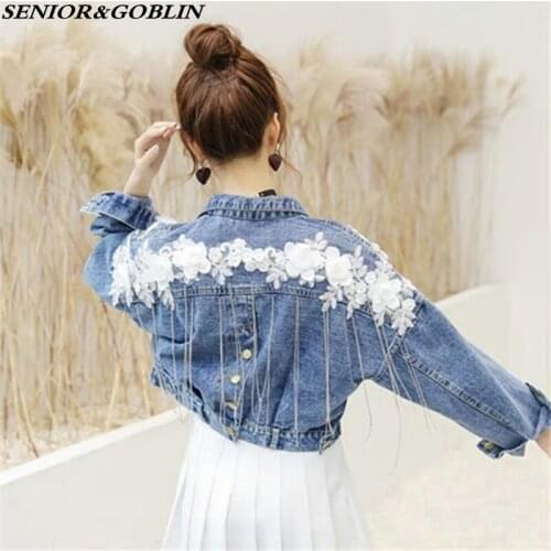 New 2019 Spring Harajuku Jeans Jacket Coat Women Loose Tassel Appliques Floral Denim Outerwear Fashion Girl Batwing Sleeve Coats