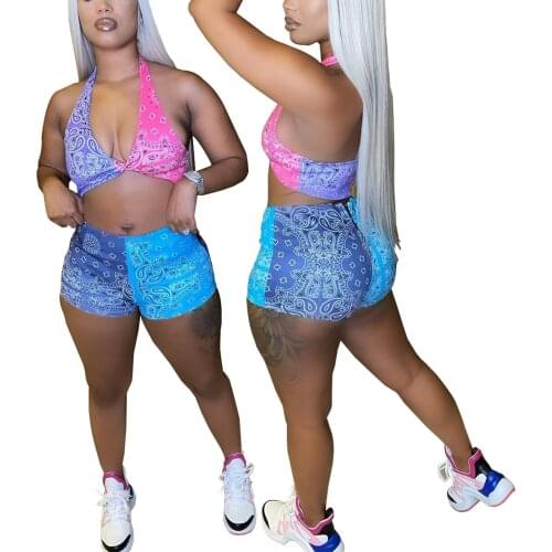 Women Two-piece Swimming Clothes Set, Variegated Color Halter Neck Sleeveless Crop Tops and Shorts, S/ M/ L/ XL/ XXL