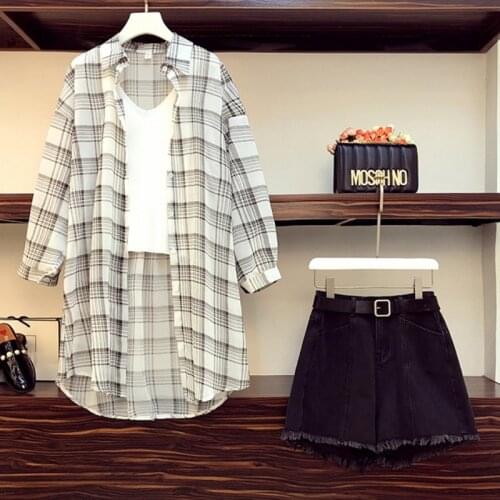 2020 New Arrival Casual 3 Piece Set Women 3/4 Sleeve Plaid Long Hoodies Sunscreen Shirts + Knitted Vest + Hole Denim Short Sets