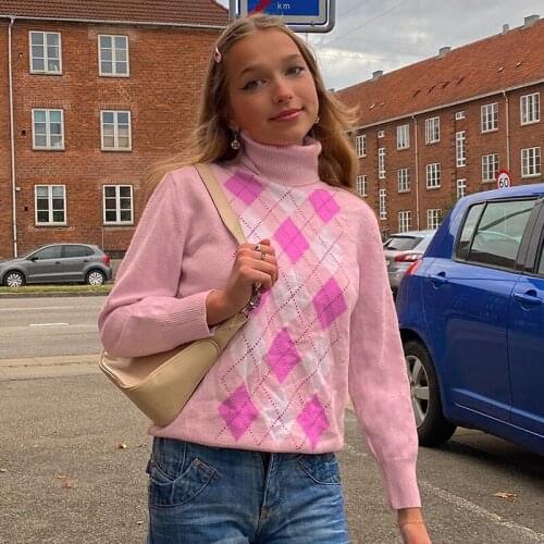 Womens Turtleneck Knit Jumper Argyle Sueteres De Mujer Preppy Style Kawaii Pink Sweater Female Harajuku Clothing for Women