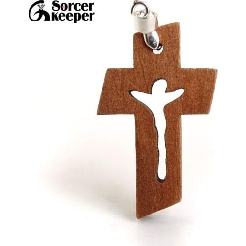 100 PCS New Natural wooden crosses Carved Jesus Crucifix Cross & Clip Bail Charm Pendants Statue Sculpture Jewelry for Necklace