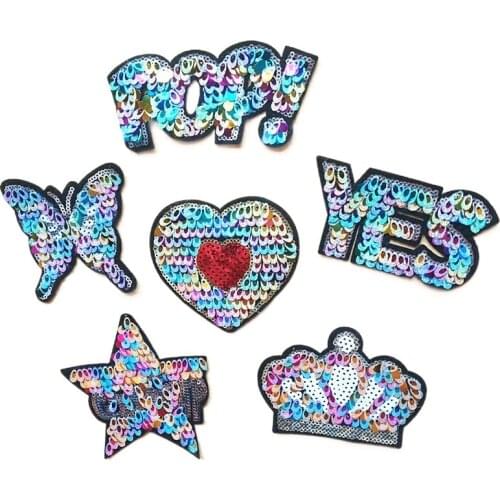30pcs/lot Color Sequins Embroidery Patch Letter Heart Crown Star Butterfly Clothing Decoration Diy Iron Heat Transfer Applique