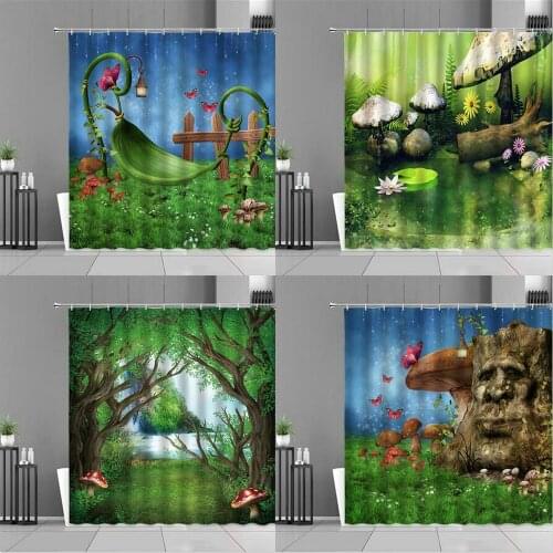 3D Fairy Dream Forest Shower Curtains Green Plants Flowers Butterfly Mushroom House Landscape Cartoon Children Bathroom Curtain