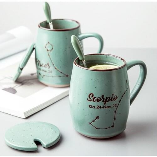 450ml small fresh couple constellation cup creative mug with lid spoon household ceramic water cup coffee cup