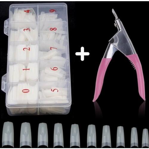 500pcs/Box Artificial Nail Tips Full Cover Nails Colored Nail Tips With False Nails Cutter Coffin French Fake Manicure Tools