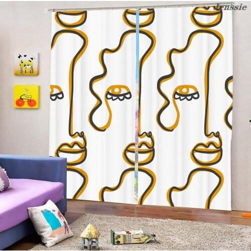 Abstract Face Art Window Curtains 3D Creative Line Draw Curtains For Living Room Bedroom Pink Bow Curtains Home Decor Kids Adult