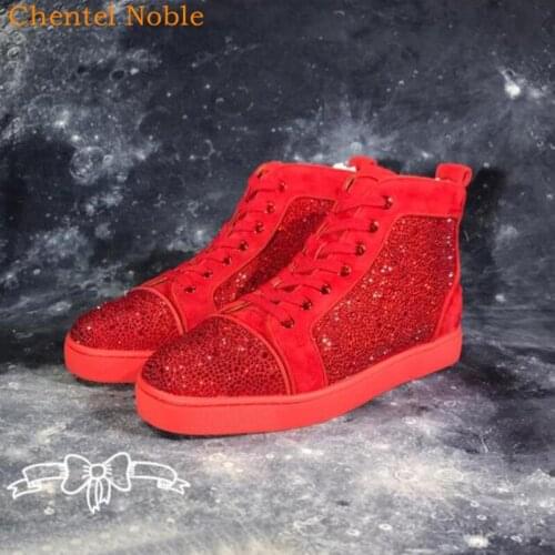 Brand Chentel Crystal High Top Casual Party Shoes Men Sneakers Lace-Up Red Color Flock Classic Manual Fashion Male Unisex