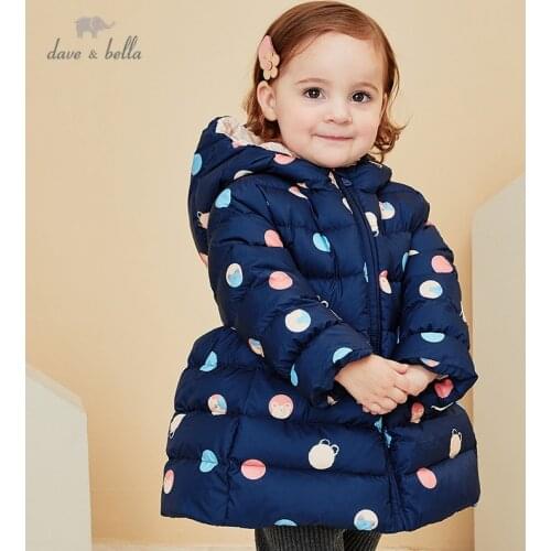 DBZ16127 dave bella winter baby girls fashion dots hooded down coat children 90% white duck down padded kids jacket
