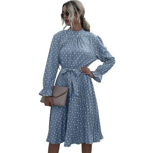 Elegant Polka Dot Dress Round Neck Butterfly Sleeve Long Sleeve Bandage Dress Slim Autumn and Winter Dresses for Women