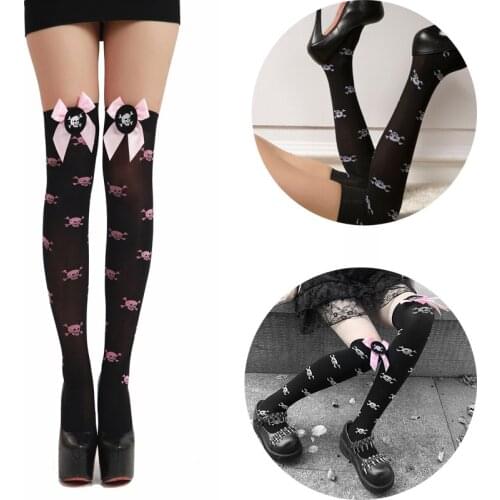 Gothic Women Bow Socks Skull Printed Stockings Dark Sexy Long Socks Thigh High Socks Halloween Cosplay Accessories