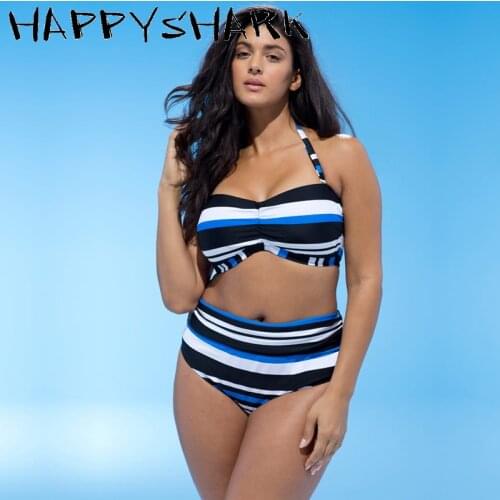 HAPPYSHARK Plus Size Bikinis Colorful Striped Swimsuits 2018 New Sexy 2Pcs Bandeau Big Cup Swimwear High Waisted Biquinis 4XL