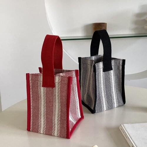 Korean Canvas Simple Lunch Bag Women Plaid Portable Mummy Shopping Handbag Girls Kid Food Storage Tote