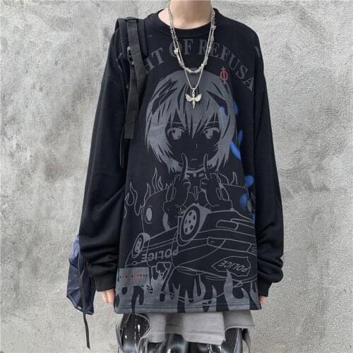 Korean INS retro high street dark black tie secondary dollar anime print hip-hop long-sleeved T-shirt men and women