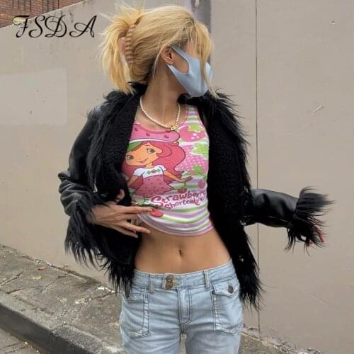 FSDA 2021 Faux PU Leather Biker Jacket Women Long Sleeve Fur Black Vintage Autumn Winter Casual Y2k Fashion Coat