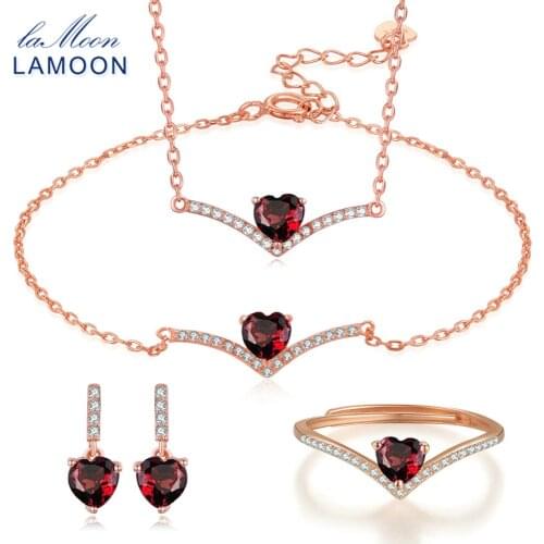 LAMOON 100% Natural Heart cut Red Garnet 925 Sterling Silver Jewelry S925 Jewelry Set V004-1