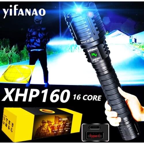 Most Powerful LED Flashlight XHP160 16 Core Usb Rechargeable Tactial Flashlight Zoom Hunting Torch Xlamp As 10000mAH Power bank
