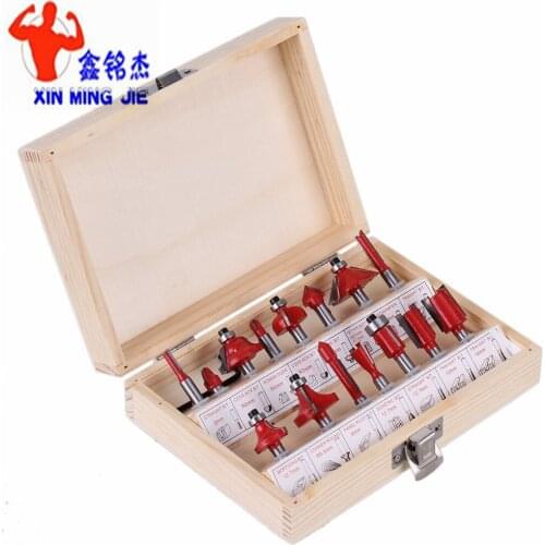 15PCS 1/4"(6.35mm) Shank Tungsten Carbide Router Bit Set Wood Woodworking Cutter Trimming Knife Forming Milling w/ Wood Case box