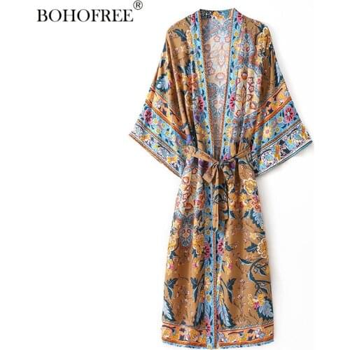 100% Rayon Cotton Boho Peacock Floral Robes Cover Ups Hippie Bohemian Folk Vestidos Floral Print Long Duster Kimono Dreses