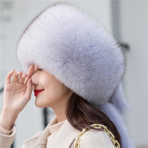 2021 New Natural Fox Fur Russian Hat Ladies Winter Warm Fluffy Popular Style Female Tail Hat Fashionable Leather Straw Hat
