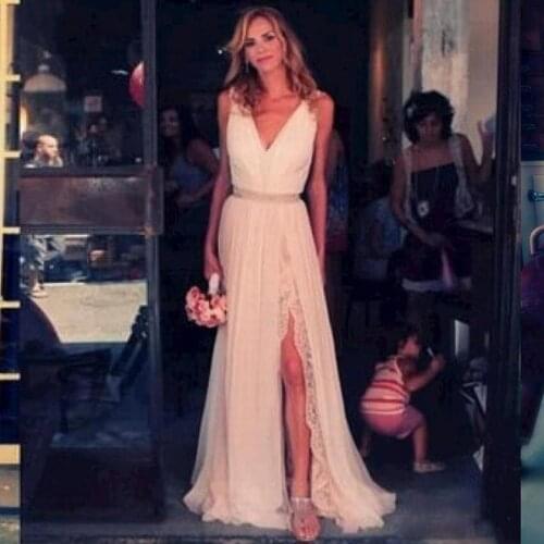 Charming V Neck A-Line Split Side Chiffon Beach Wedding Dress Sweep Train Open Back Bridal Gowns