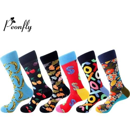 Peonfly Pair 1 Men Combed Cotton Cartoon Banana Cherry Leaves Pattern Novelty Funny Socks Casual Harajuku Calcetines