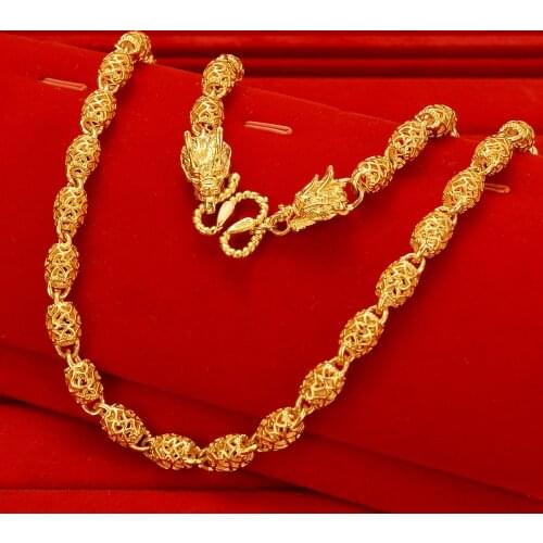 Genuine 18k Gold Filled Necklaces for Men 8mm 60cm Vietnam Gold Hollow Bead Dragon Column Mens Necklace Fine Gold Jewelry Gifts