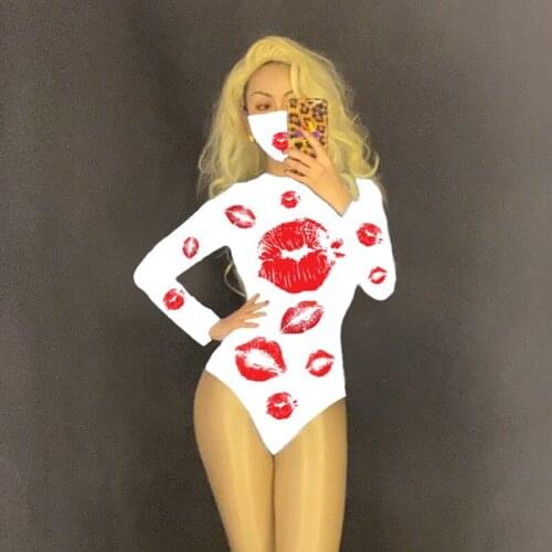 Sexy New Lips Printed Bodysuit Face Mask Nightclub Bar Female Singer DJ DS Stage Costumes Festival Outfit Party Wear DNV13071