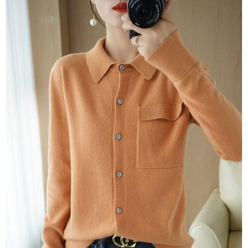 Loose knitted cardigan womens solid color lapel bottoming sweater 2021 new 100% pure wool shirt collar sweater coat cropped top