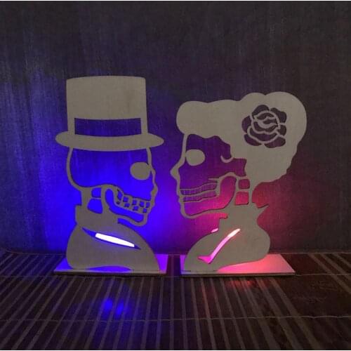 Halloween Mr & Mrs Skeleton Head Ornament Candle Lights DIY Wooden Pendant Skull Pendant Halloween Party Supplies