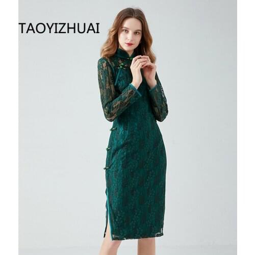 Improved cheongsam spring and autumn dress new retro Chinese style big size fashion dress mothers lace